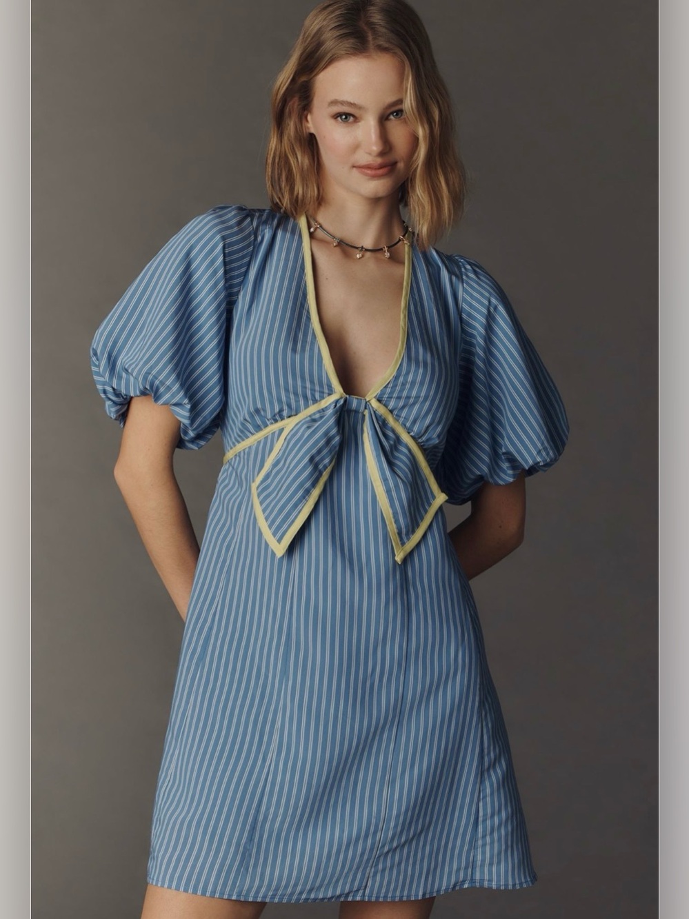 Anthropologie Blue Striped Tie-Front Puff Sleeve Mini Dress with Yellow Trim